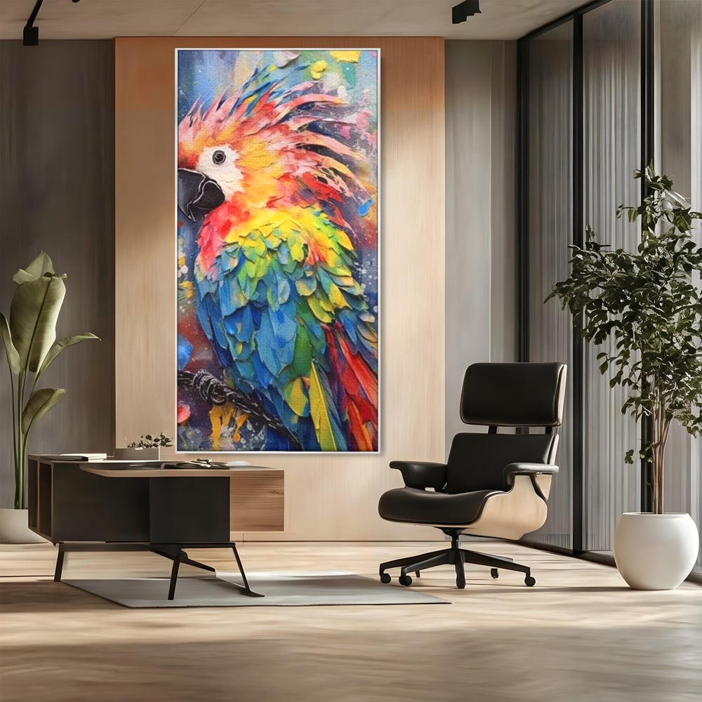 Tablou canvas cu tablou canvas cu papagal colorat, in rama de aluminiu argintiu, pe perete intr-un birou